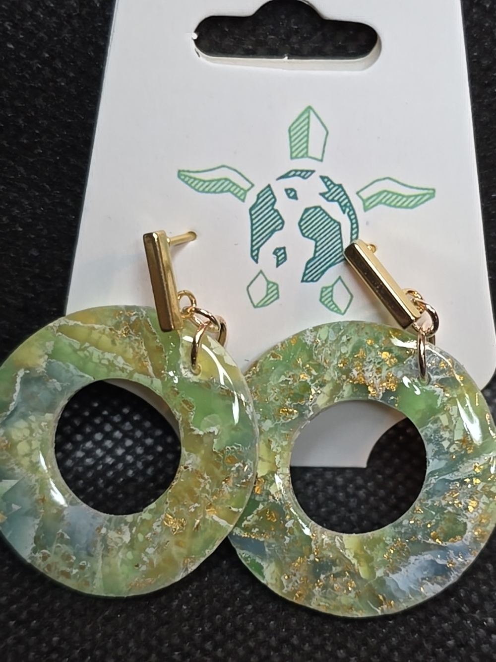 Green Marbled Hoop Drop Earrings with Gold Accents